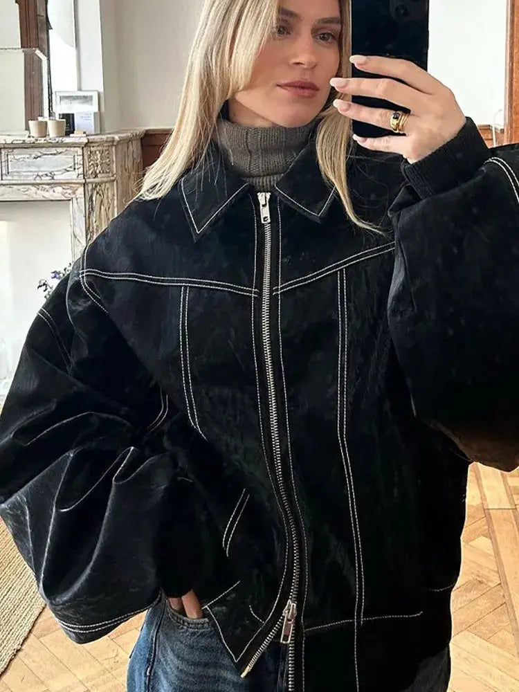 Theresa - Jacke Oversize Herbstmode Bequem Trendig Warm Schwarz