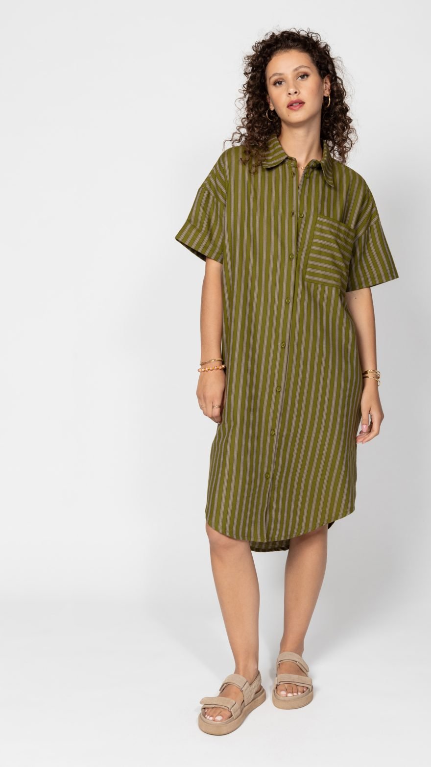 Therese - Olivgrünes Hemdkleid aus Baumwolle mit Streifen - Grün