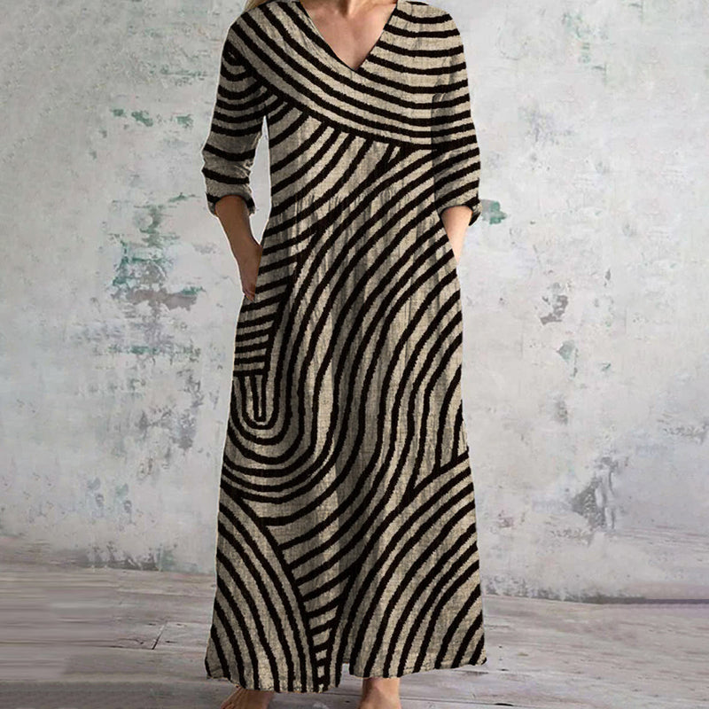 Tildaine - Damen-Kleid mit Vintage-Streifen, V-Ausschnitt und Taschen Braun