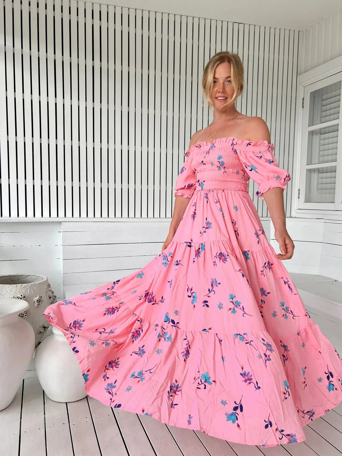 Tina – Maxikleid in Rosa mit Blumenmuster - Rosa