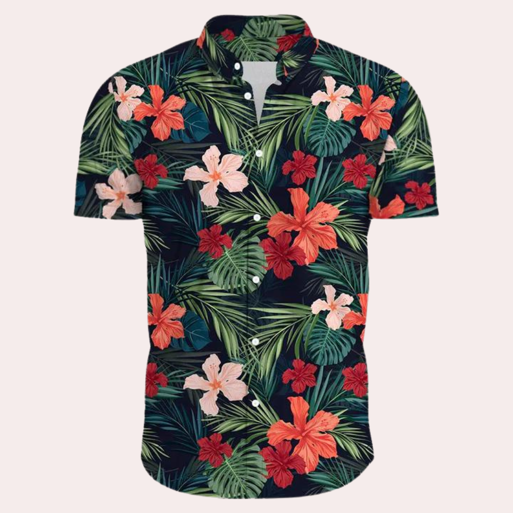 Urban - Herren Kurzarm-Hemd mit Printmuster Rosa Schwarz