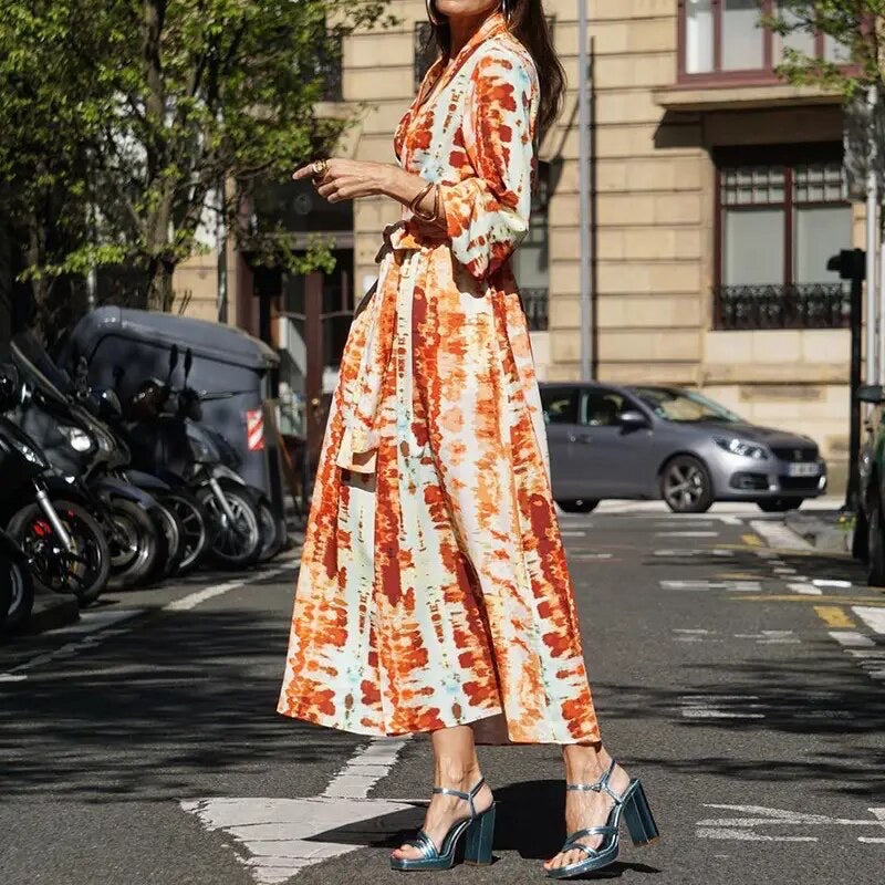 Valentina - Sommer Tie-Dye-Maxikleid mit V-Ausschnitt and Knoten-Gürtel Orange 2
