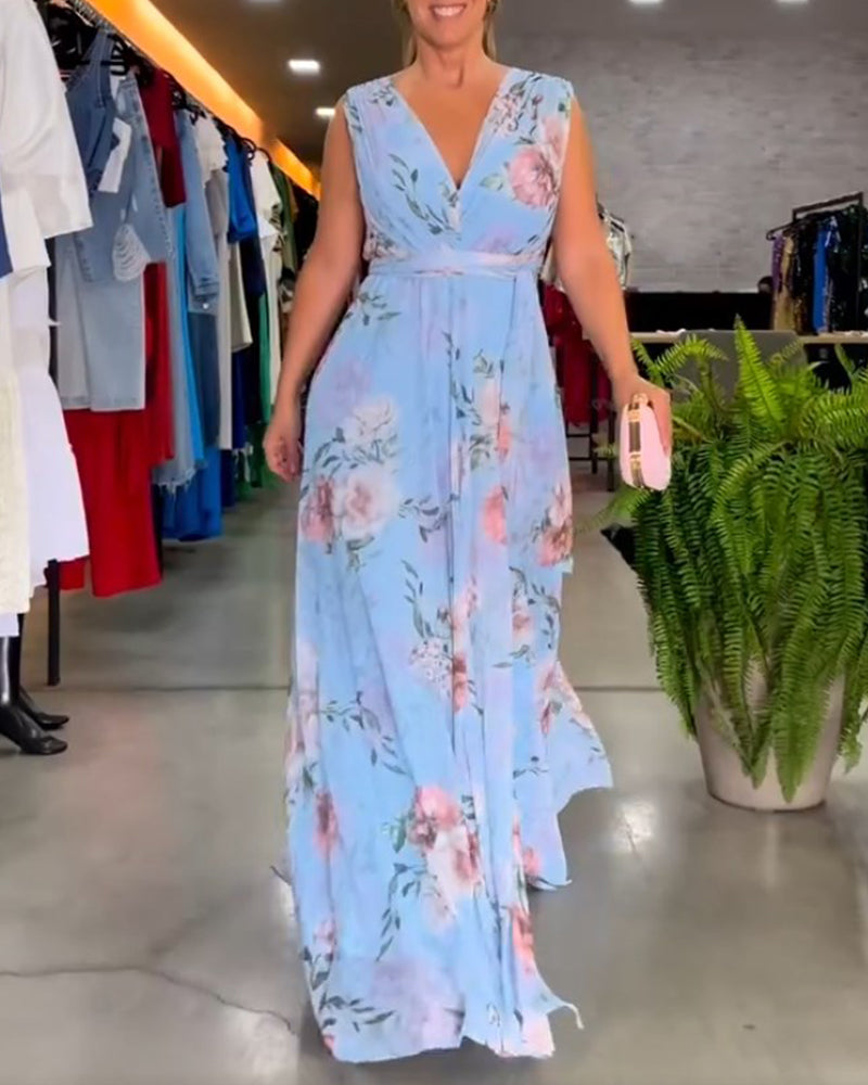 Valesita - Elegantes, ärmelloses Kleid mit Blumendruck und V-Ausschnitt Blau 2