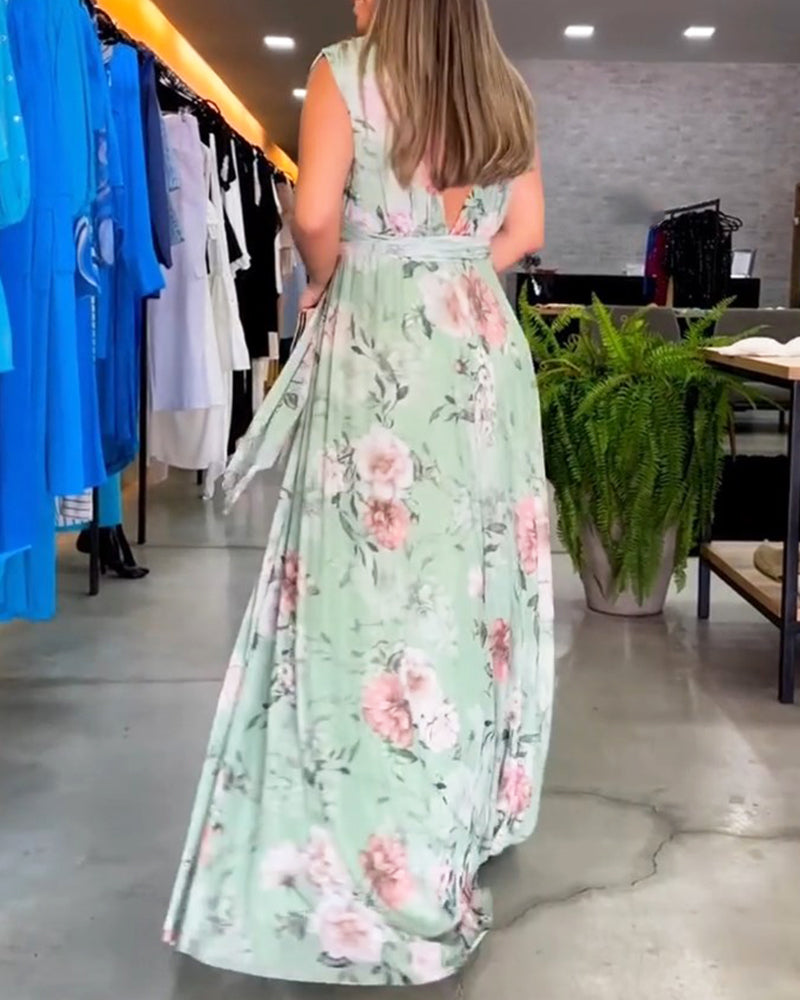 Valesita - Elegantes, ärmelloses Kleid mit Blumendruck und V-Ausschnitt Grun