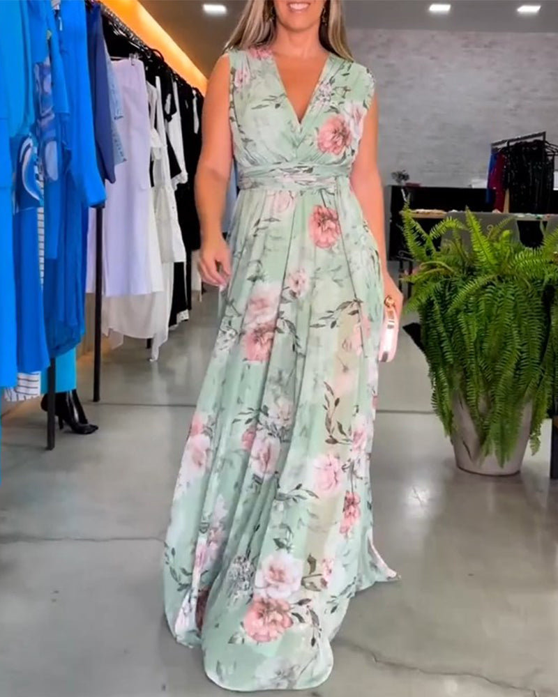 Valesita - Elegantes, ärmelloses Kleid mit Blumendruck und V-Ausschnitt Grun 2