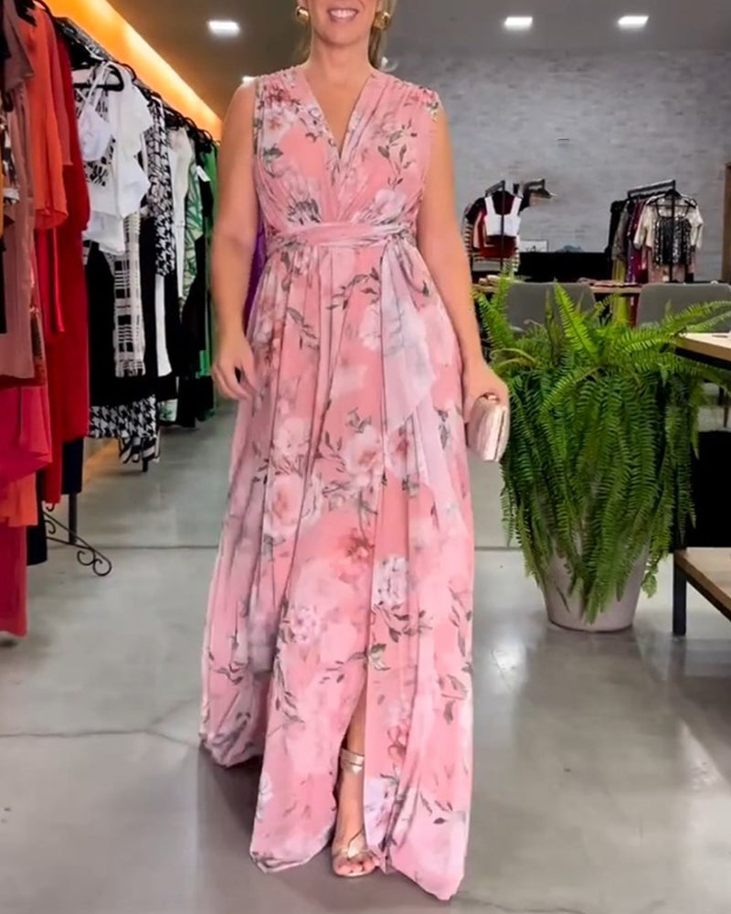 Valesita - Elegantes, ärmelloses Kleid mit Blumendruck und V-Ausschnitt Rosa