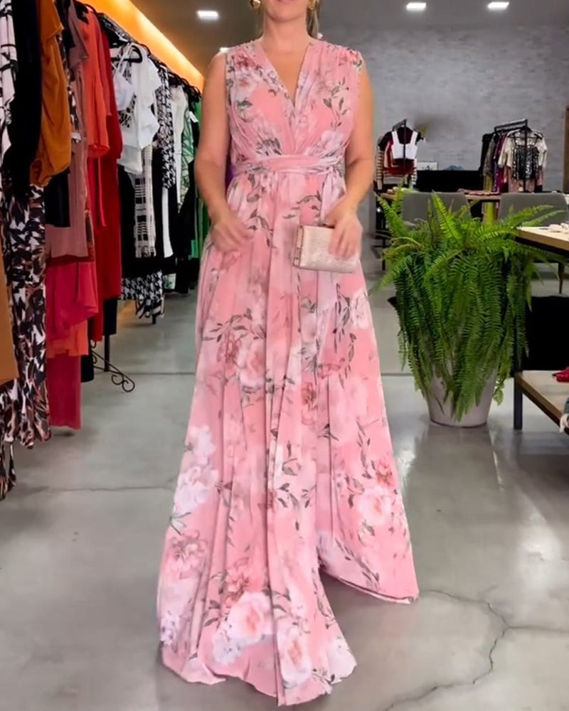 Valesita - Elegantes, ärmelloses Kleid mit Blumendruck und V-Ausschnitt Rosa 2