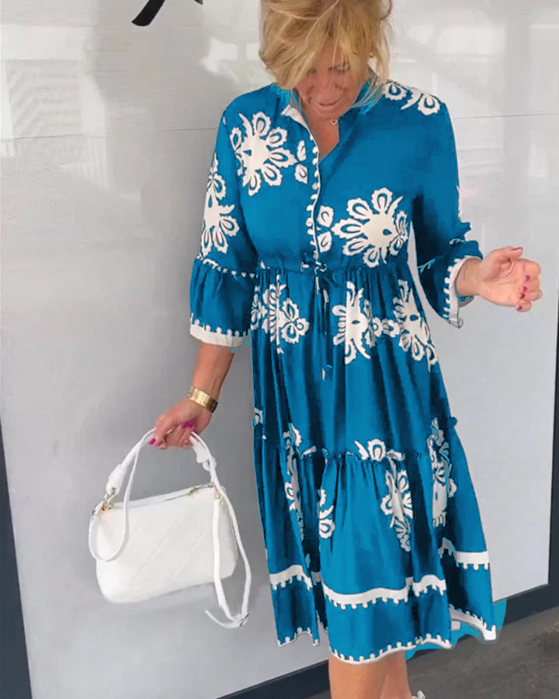 Vanilia - Kleid mit Blumendruck und 3/4-Ärmeln Blau