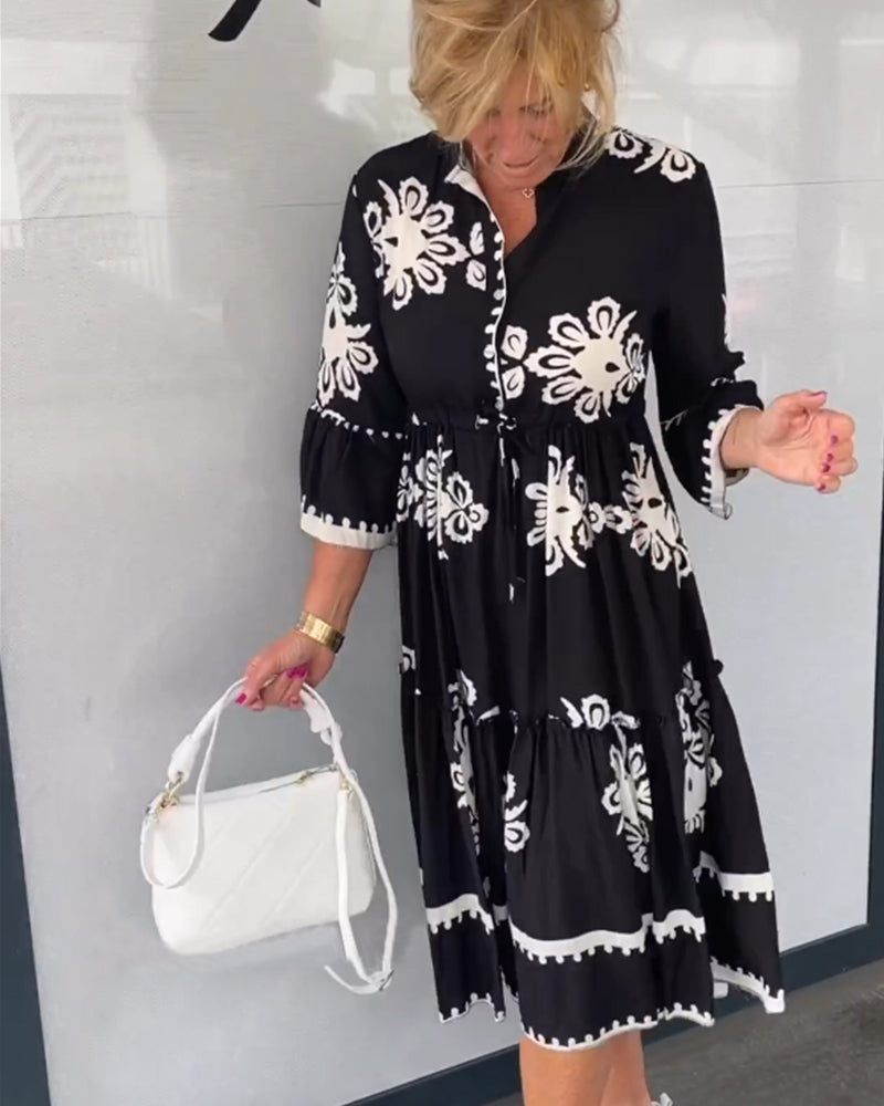 Vanilia - Kleid mit Blumendruck und 3/4-Ärmeln Schwarz