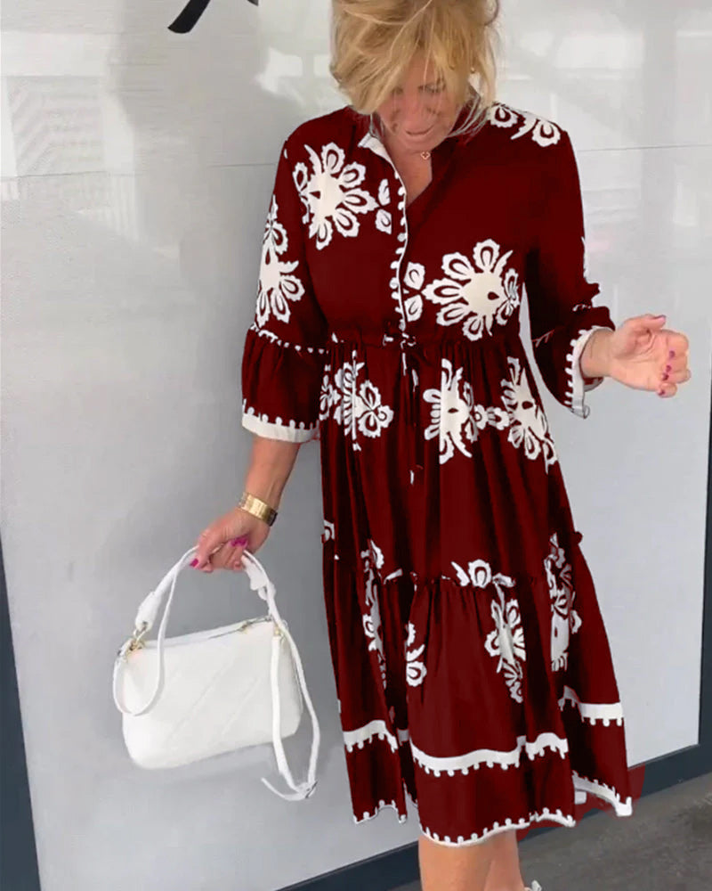 Vanilia - Kleid mit Blumendruck und 3/4-Ärmeln WeinRot