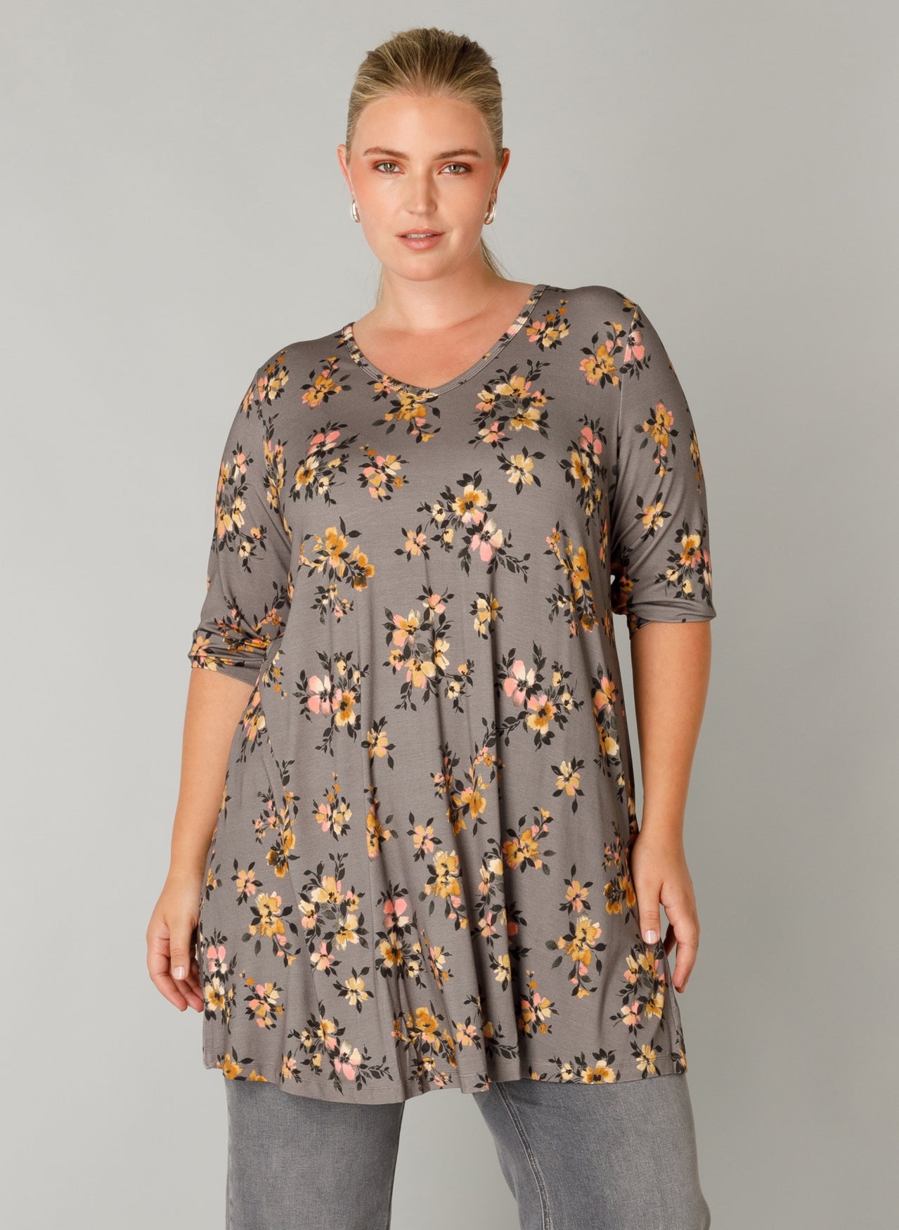 Vasiliki – Geblümte Jersey-Tunika Ankaraia in A-Linie - Grau 