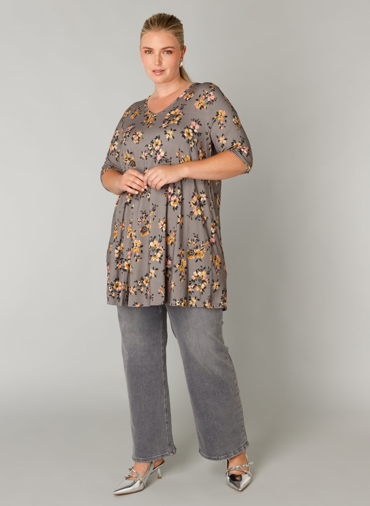 Vasiliki – Geblümte Jersey-Tunika Ankaraia in A-Linie - Grau 3