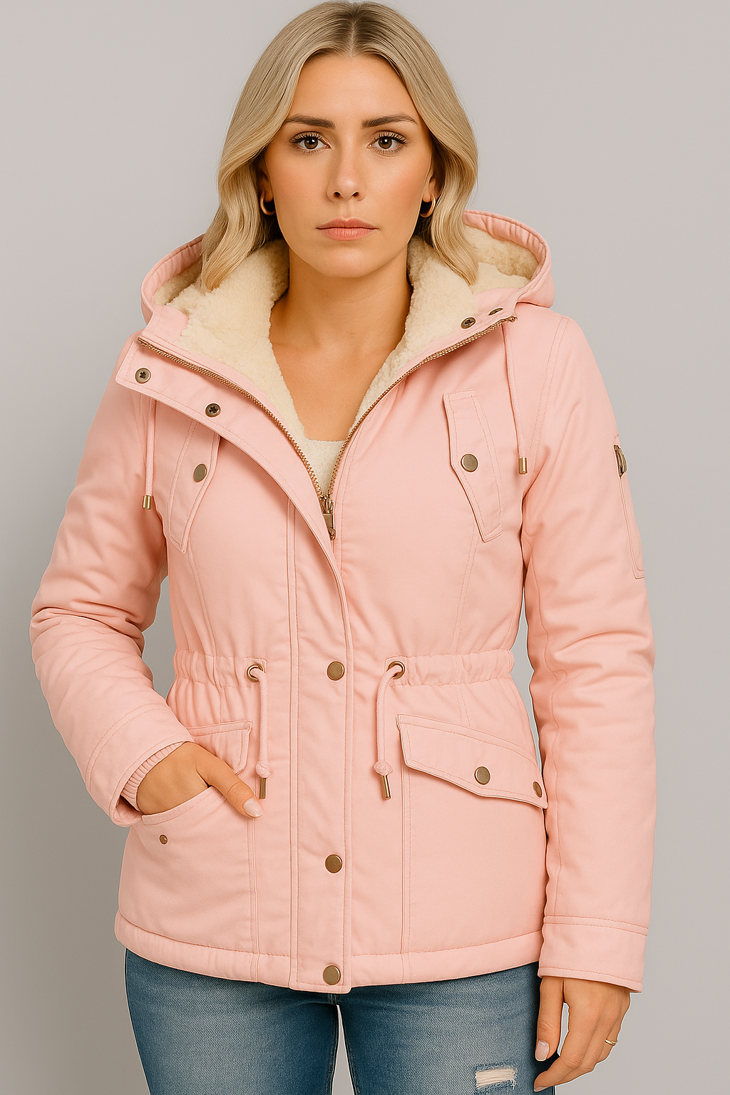 Verena – Warmer Damen Wintermantel mit Kapuze Rosa