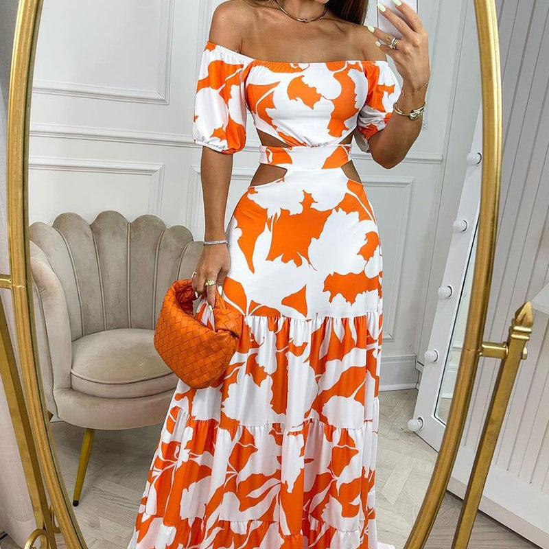 Vika - Geblümtes Schulterfreies Stufenkleid für Frauen Orange