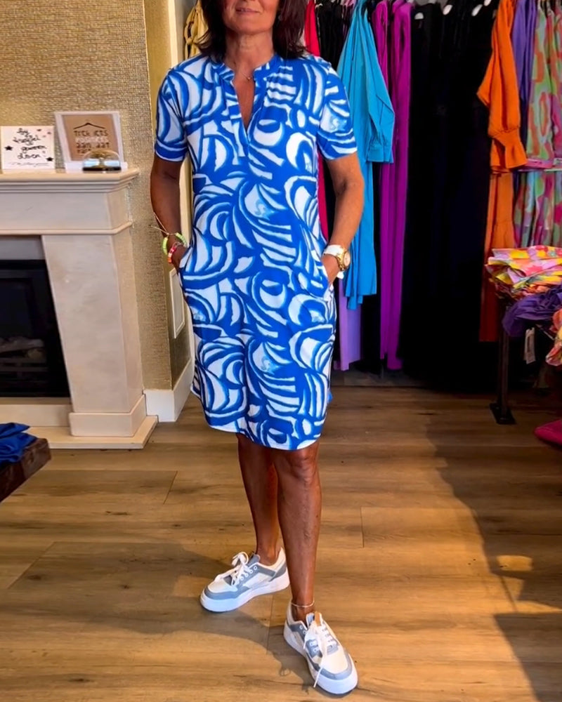 Viona - Lässiges bedrucktes Kleid mit kurzen Ärmeln Blau