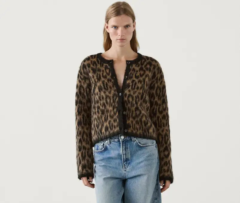 Luzia - Leopard Cardigan Damen Mit Rundhalsausschnitt