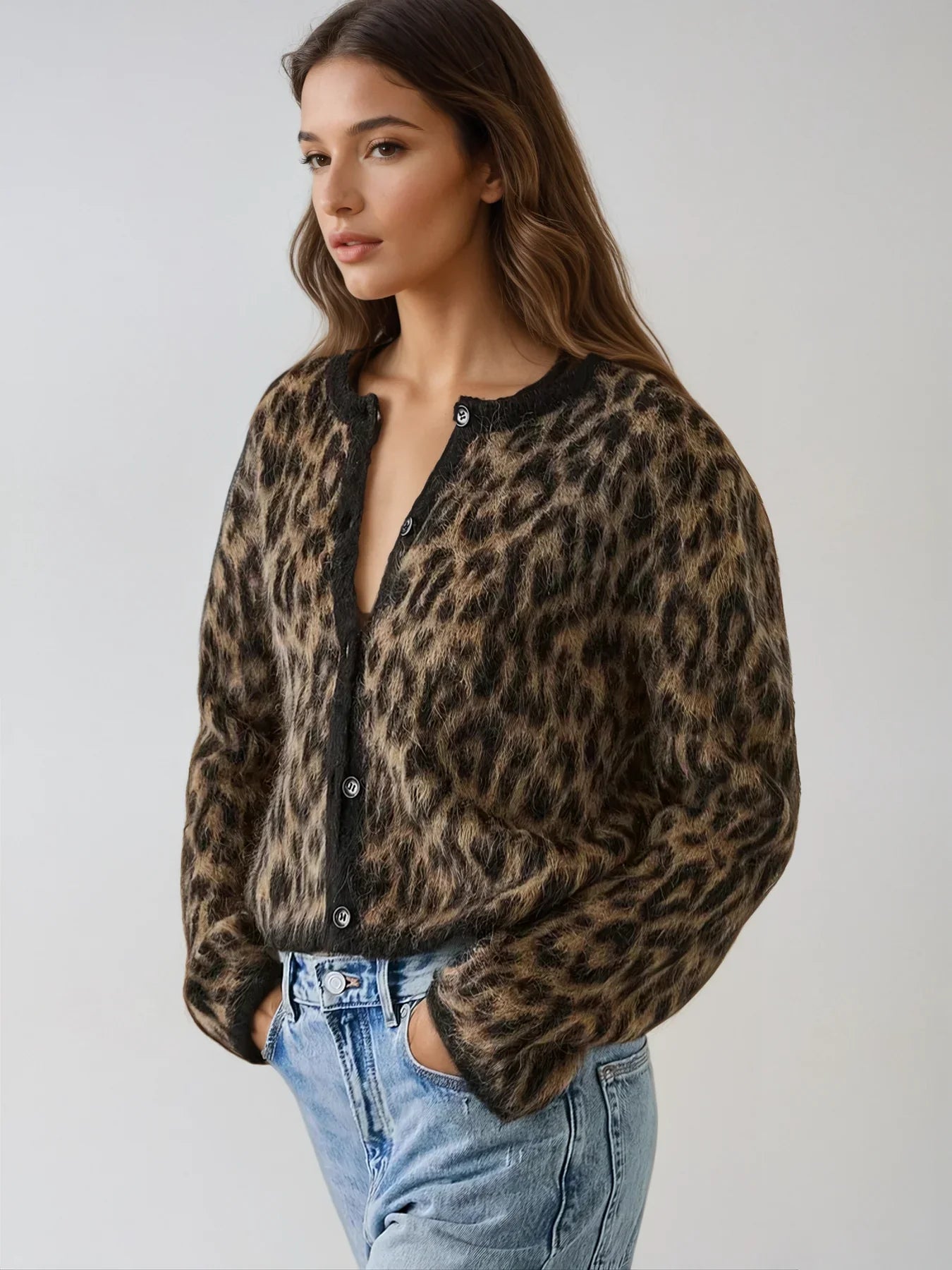 Luzia - Leopard Cardigan Damen Mit Rundhalsausschnitt